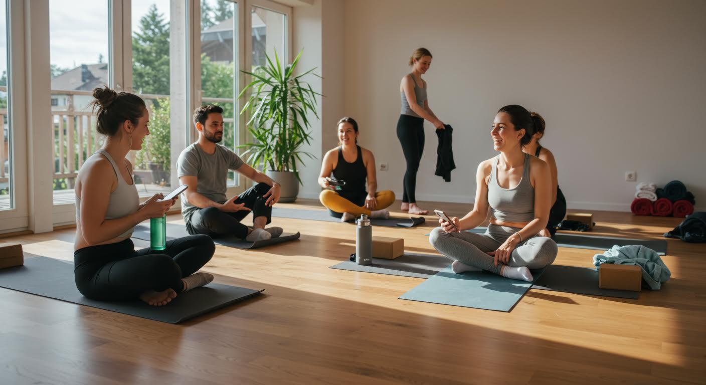 Groupe de cinq personnes souriantes et détendues lors d'un cours de yoga en salle.