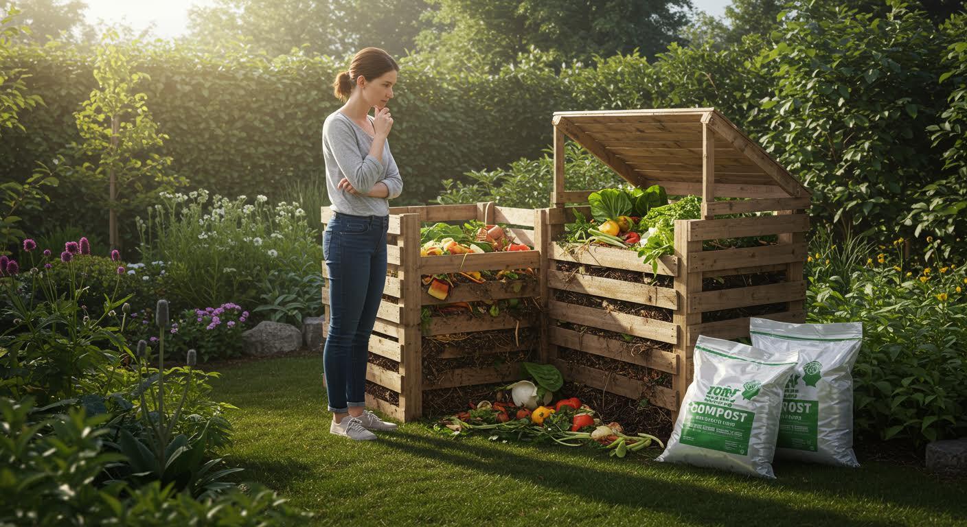 Femme observant un composteur en bois rempli de déchets organiques dans un jardin.