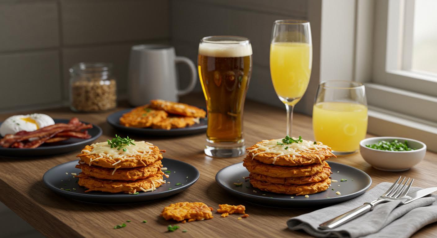 Petit-déjeuner américain avec pancakes au maïs empilés, bacon, œufs et boissons.
