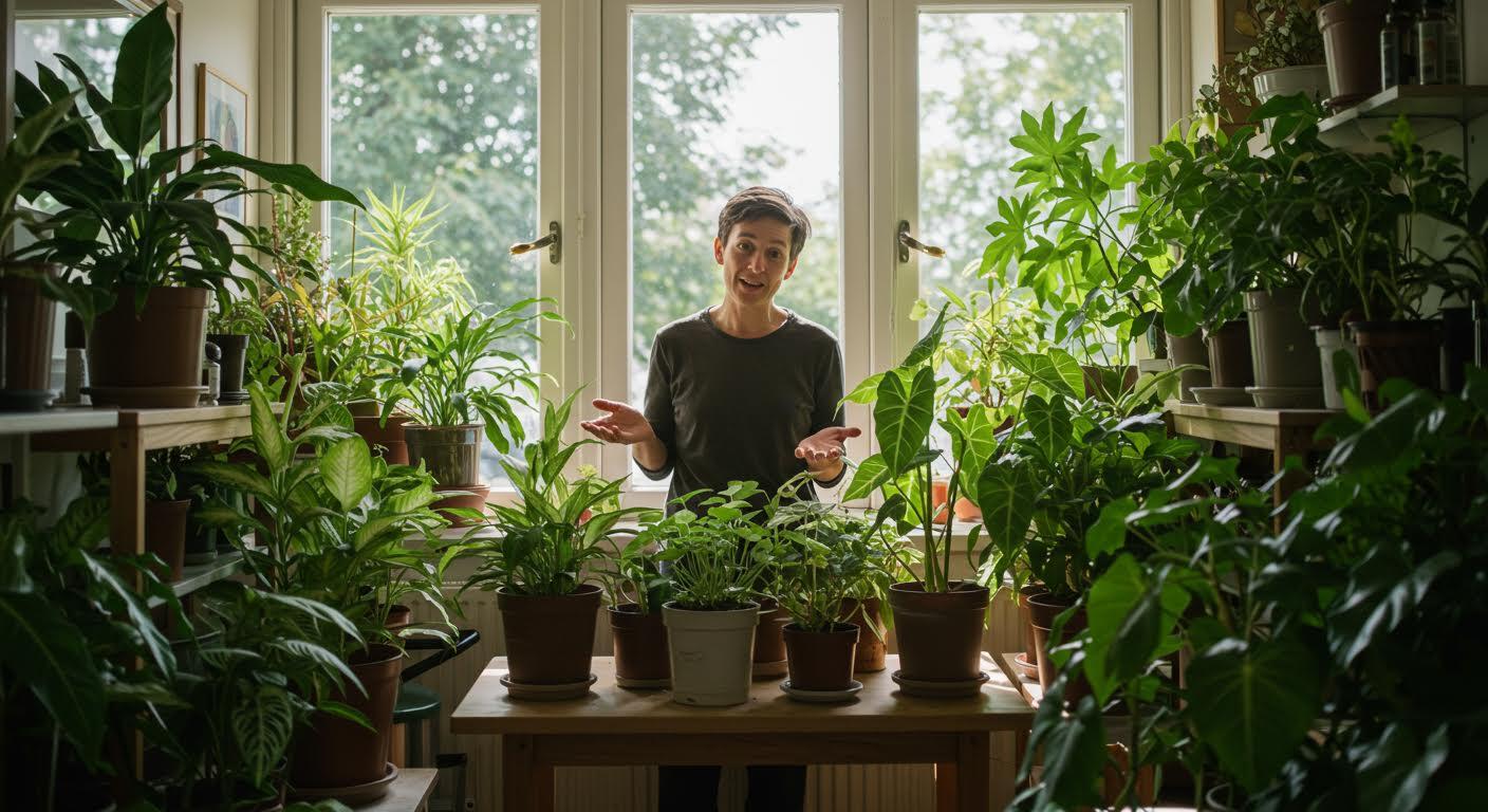Femme expliquant les soins des plantes d'intérieur dans une pièce lumineuse.