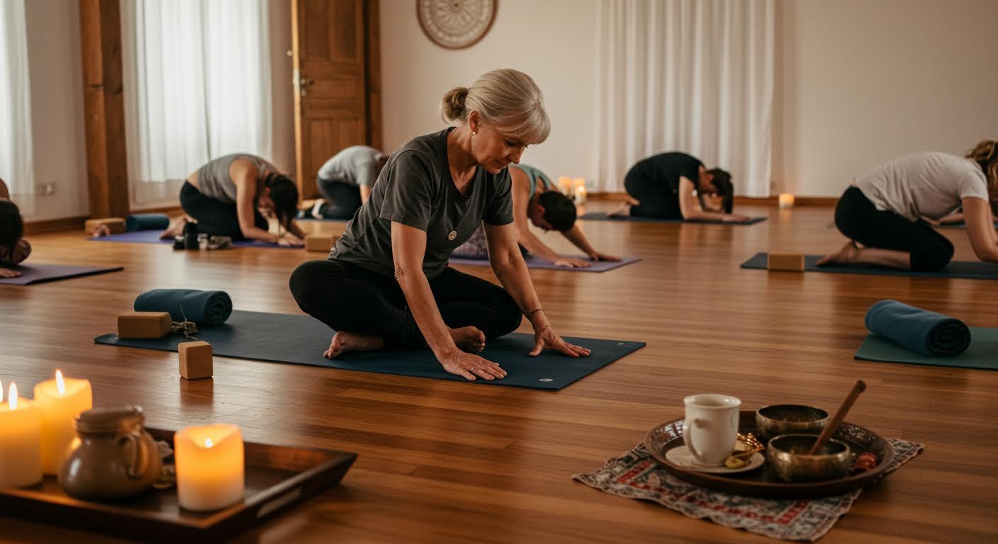 Femme âgée pratiquant une posture de yoga en salle avec d'autres participants.