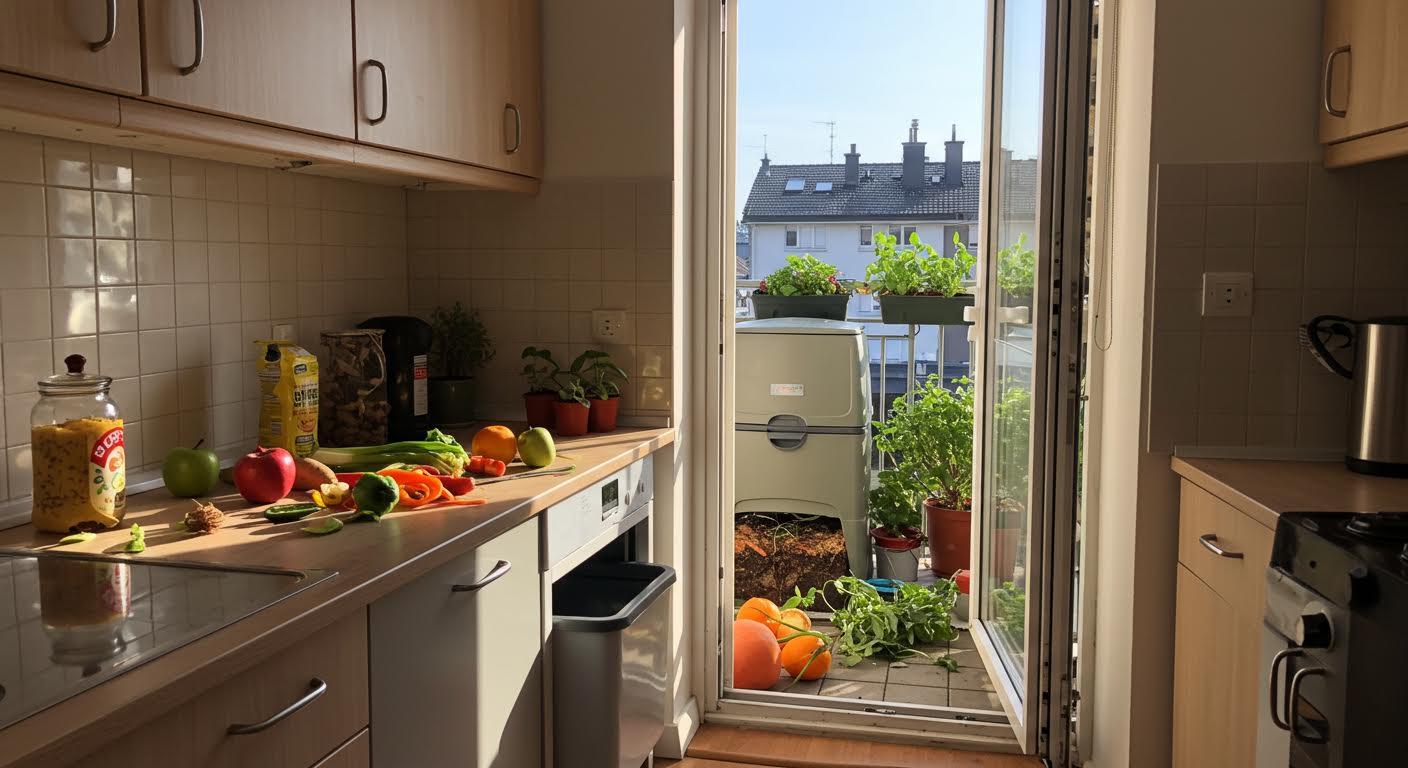 Cuisine ensoleillée avec des fruits et légumes frais sur le plan de travail, près d'un balcon verdoyant.
