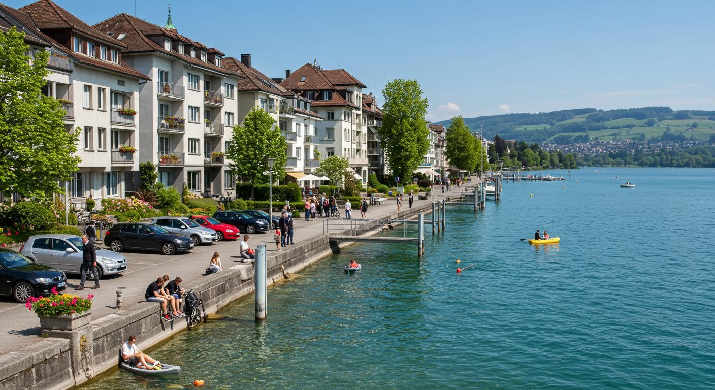 Quai animé le long d'un lac avec personnes se détendant et pratiquant des activités nautiques.