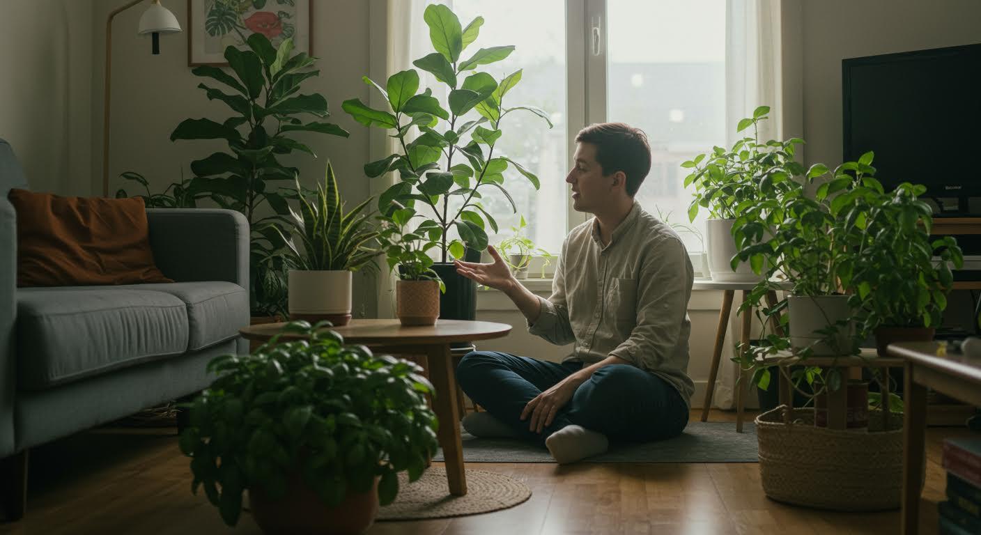 Homme assis au sol dans un salon entouré de plantes s'adressant à un grand arbre en pot.