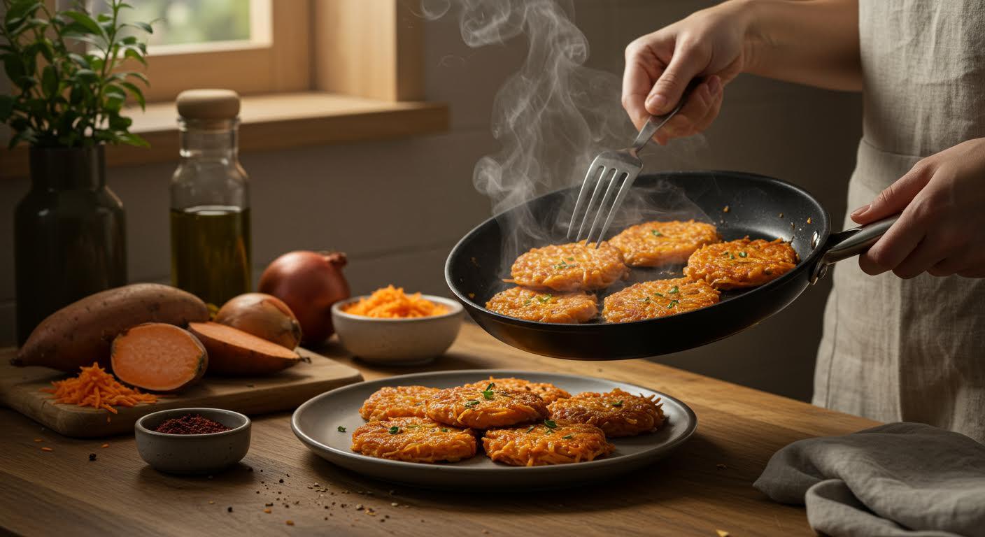 Cuisson de galettes de patate douce dans une poêle sur un plan de travail en bois.