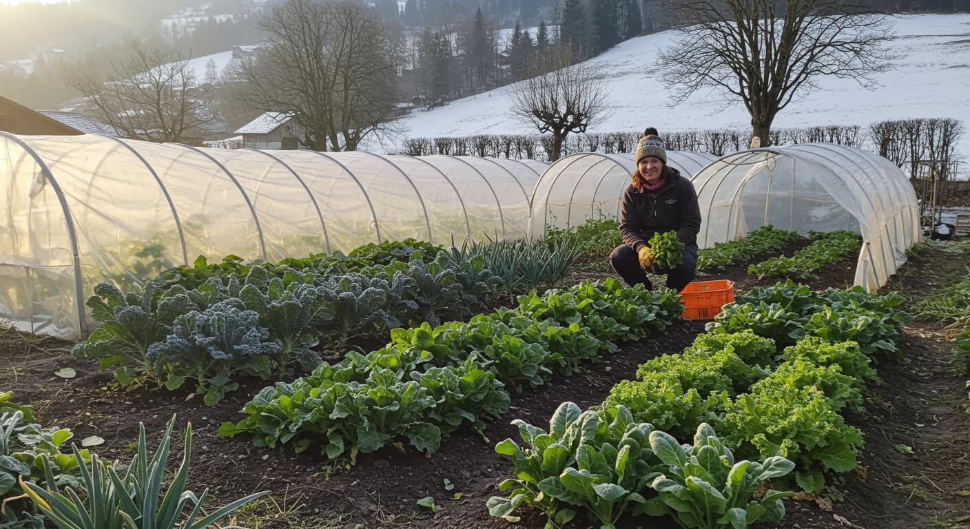 Agricultrice souriante récoltant des légumes verts devant des serres en hiver.