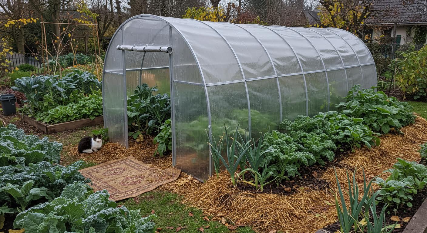 Serre en arc remplie de végétation avec un chat blanc et noir à l'entrée.