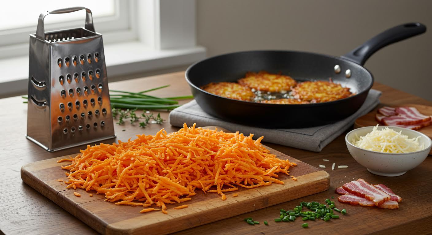 Carottes râpées sur une planche, accompagnées d'une poêle avec rösti et ingrédients annexes.