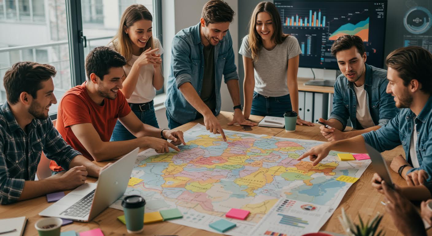 Groupe de jeunes professionnels discutant autour d'une carte de l'Europe étalée sur une table.