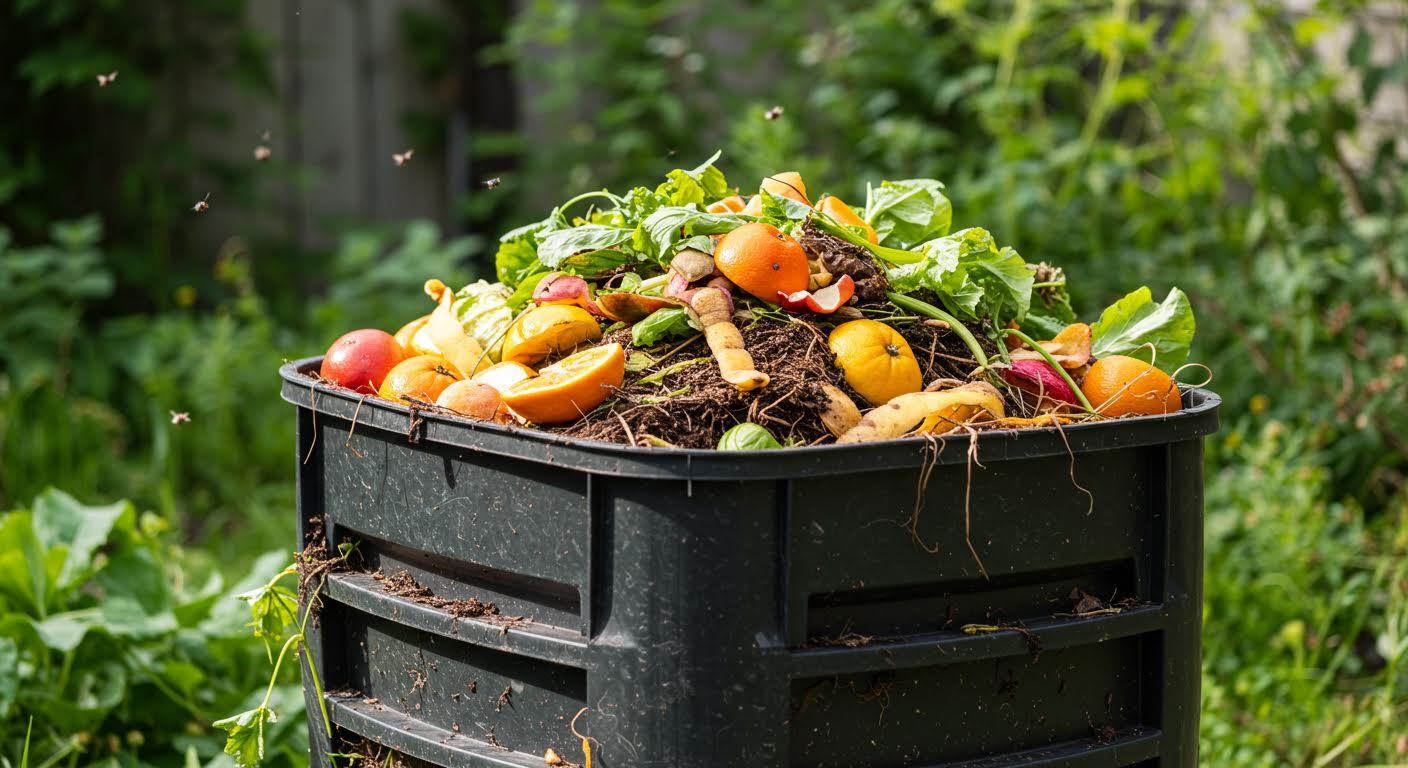 Composteur rempli de déchets alimentaires et végétaux en décomposition.