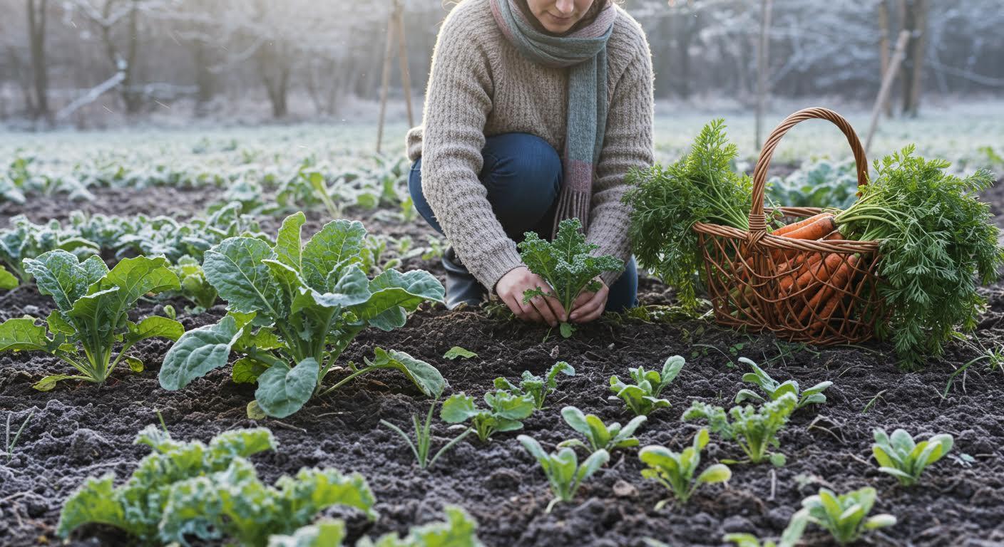 Femme cueillant des légumes dans un jardin potager givré au matin.