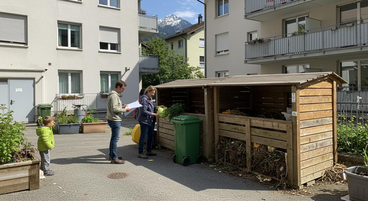 Trois personnes utilisant un composteur communautaire situé entre des immeubles.