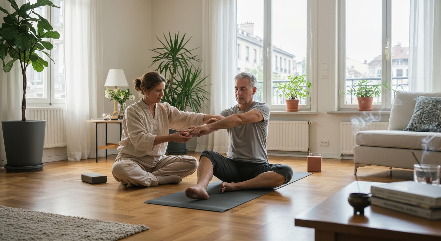 Instructeur aidant un homme senior à étirer ses bras lors d'une séance de yoga en intérieur.